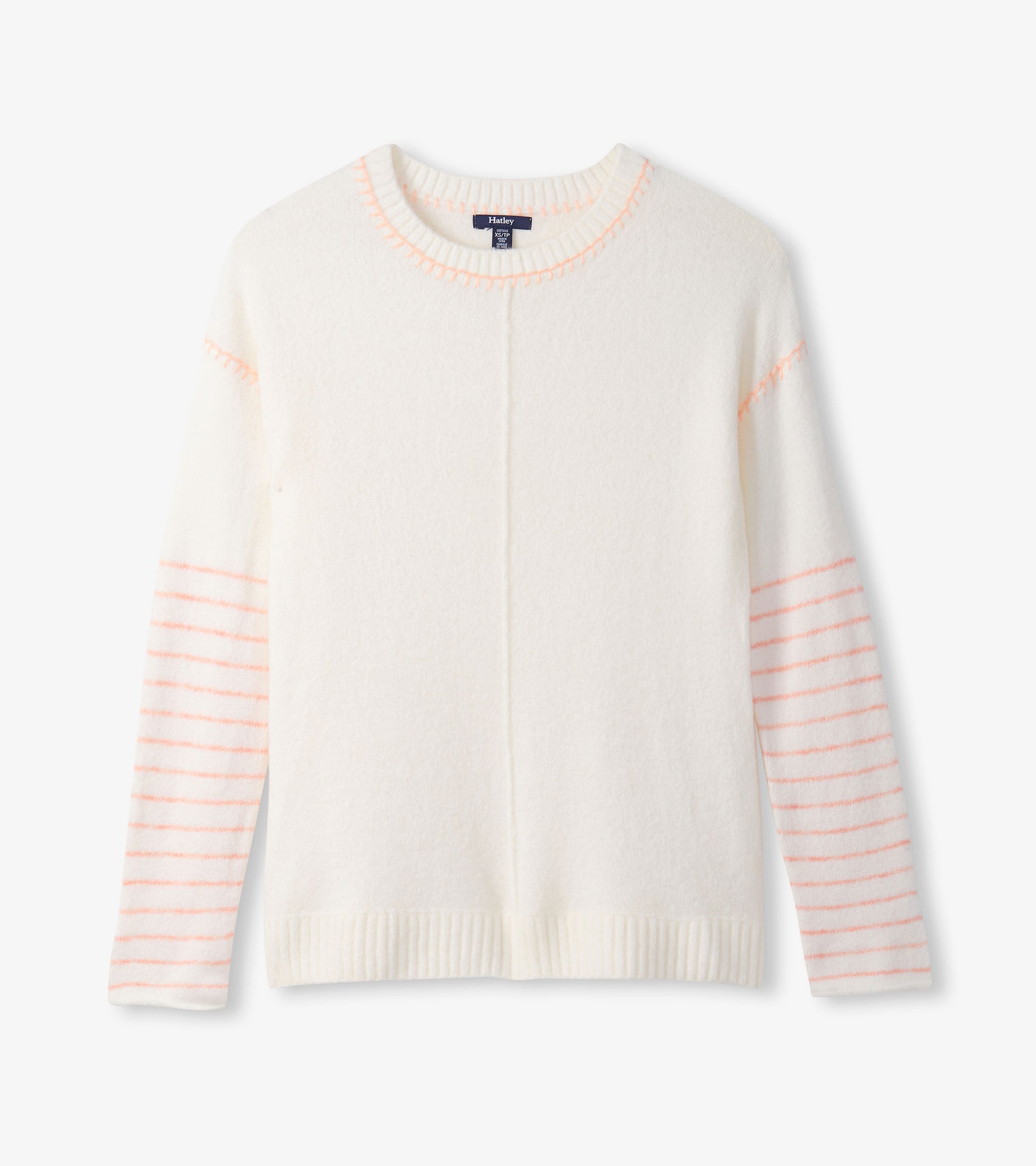 Cream sweater with long sleeves, featuring pink striped accents and a round neckline. Soft, cozy material.