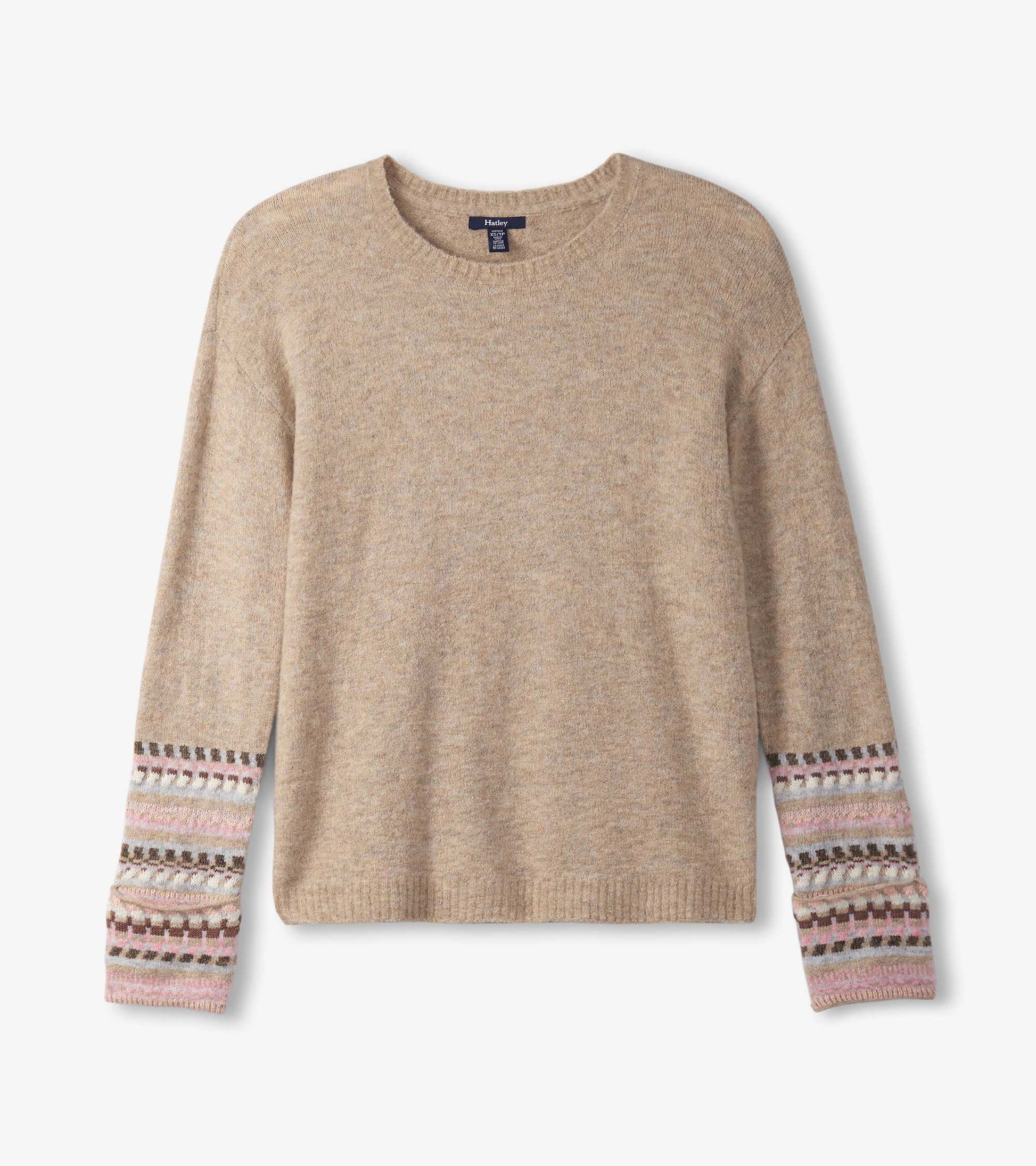 Oatmeal melange sweater with jacquard patterned cuffs and a classic crew neckline.
