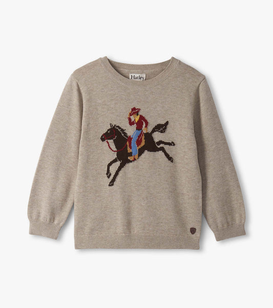 Light gray crew neck sweater featuring a cowboy riding a horse in colorful detail. Suitable for baby and toddler boys.