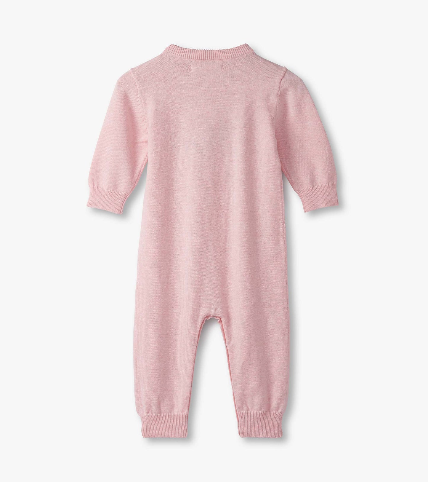 Light pink, long-sleeve sweater romper with a ribbed collar and cuffs, designed for baby girls.