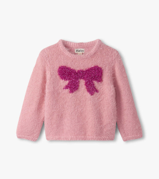 Pink furry sweater featuring a shiny purple bow design on the front, suitable for baby and toddler girls.