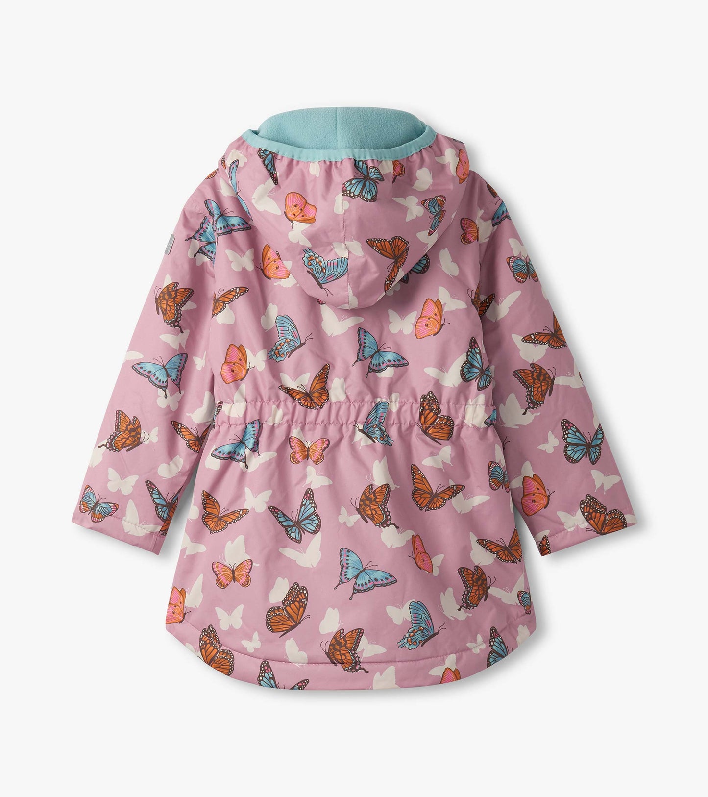 Lightweight pink rain jacket featuring colorful butterfly patterns and a hood, designed for girls.