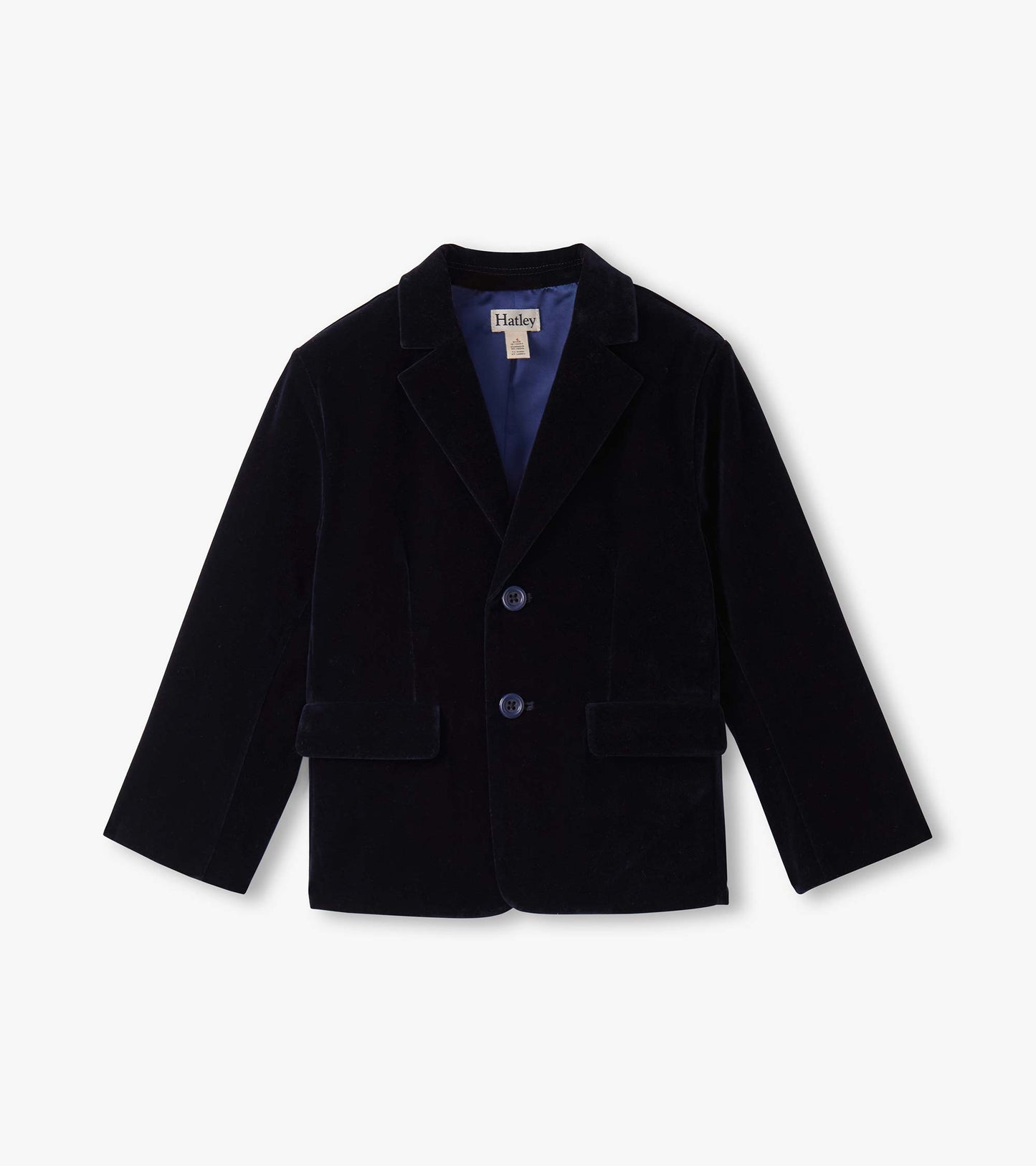 Navy velveteen blazer for boys with a notched collar and two front pockets, designed for formal occasions.