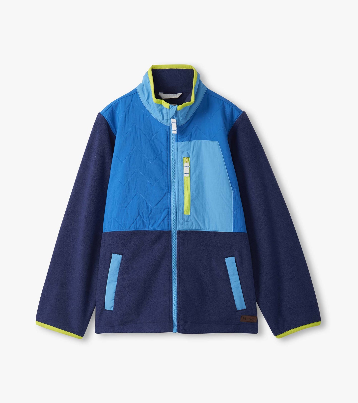 Blue colour block polar fleece jacket with a high collar, zip closure, and side pockets. Features varying shades of blue.