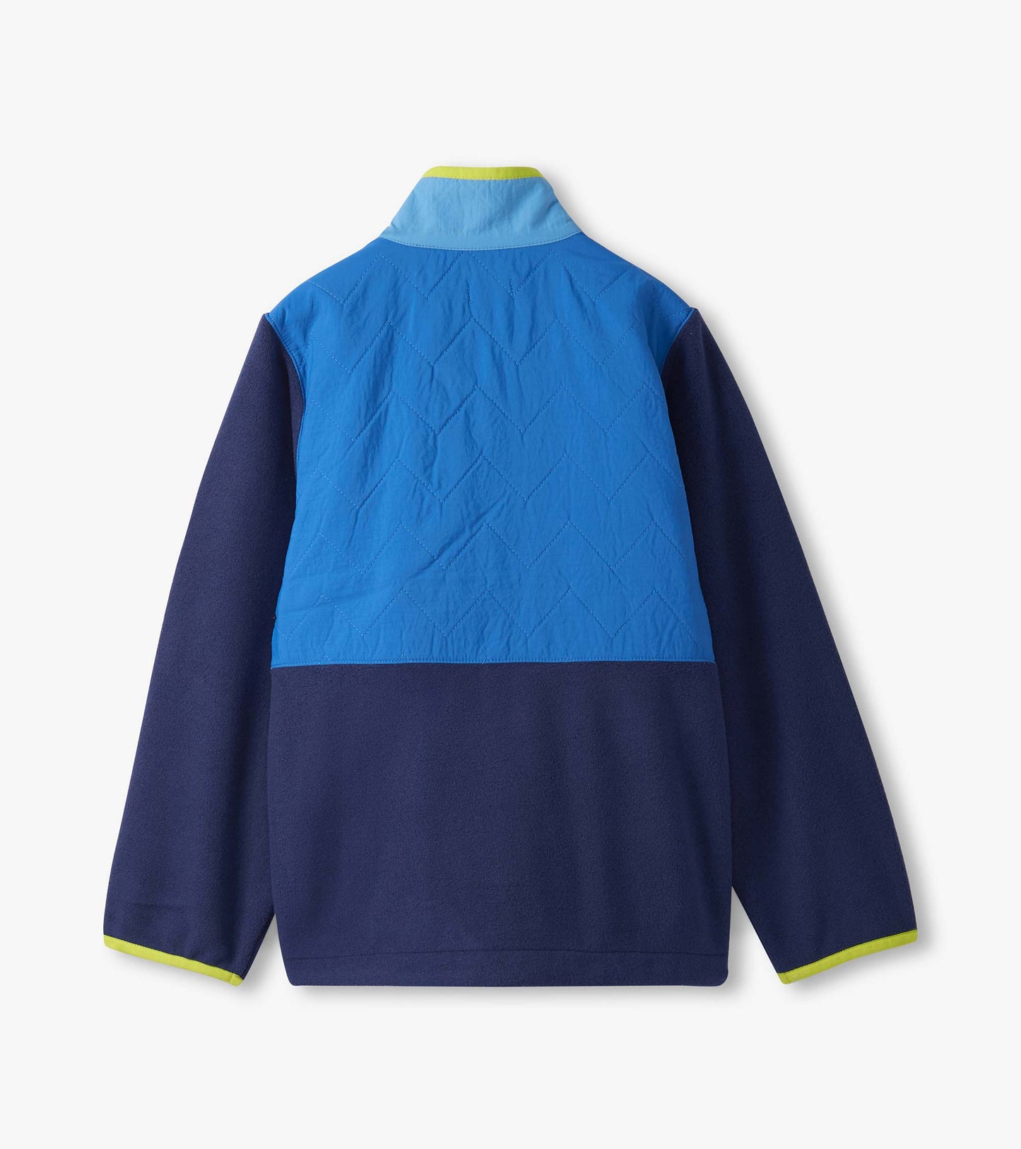 Boys' blue color block polar fleece jacket featuring a quilted upper and solid navy lower with a bright green collar trim.