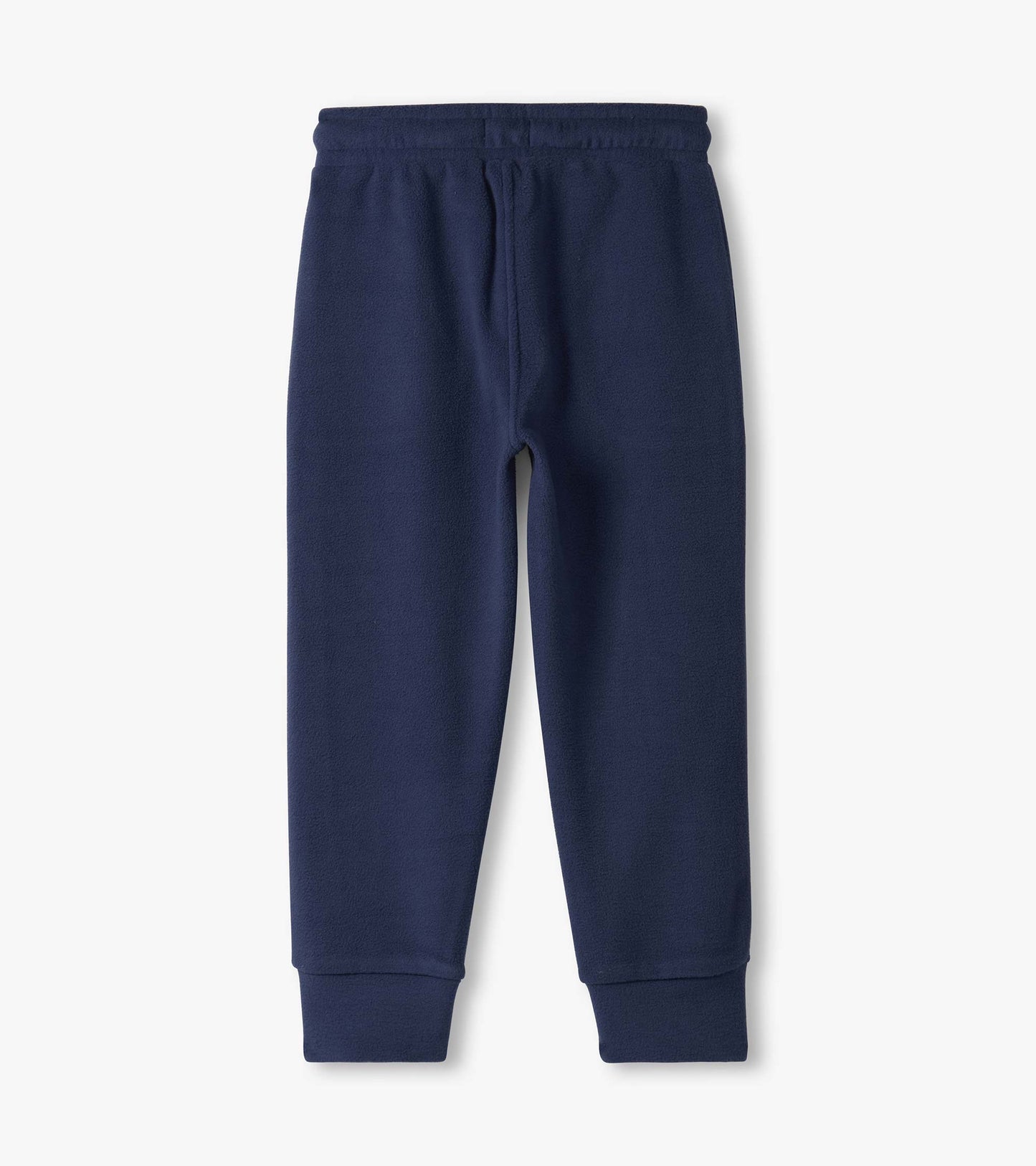 Navy blue polar fleece joggers with an elastic waistband and cuffed ankles, suitable for boys.