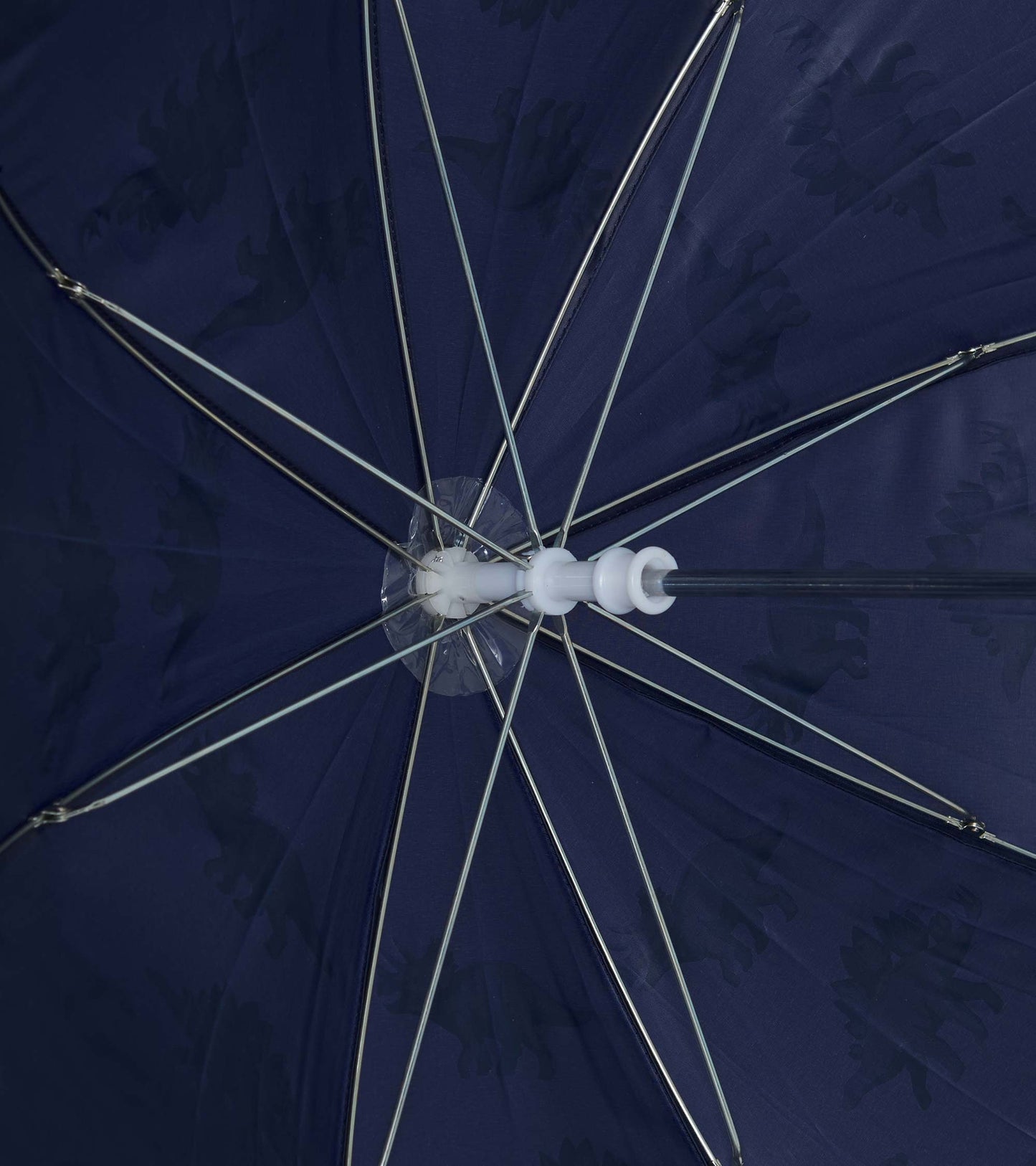 Navy umbrella featuring a dinosaur pattern, with a sturdy metal frame and white plastic handle.