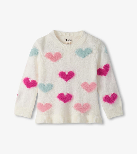 White sweater featuring colorful fuzzy heart patterns in pink and blue, perfect for baby and toddler girls.