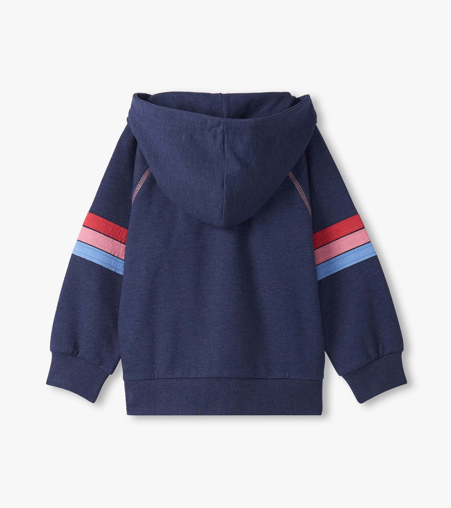 Navy blue zip-up hoodie with a hood, featuring red and light blue stripes on the sleeves.