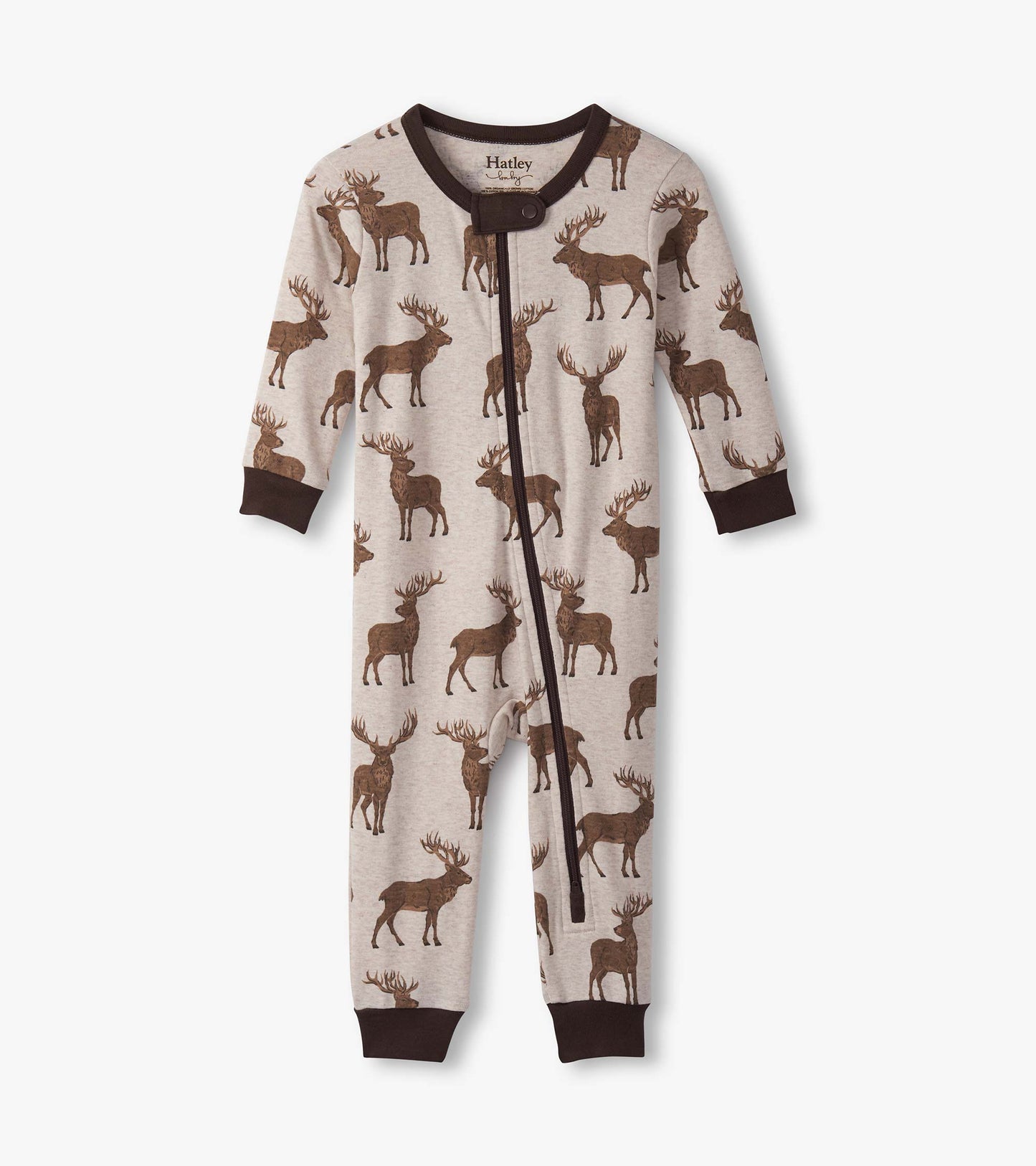 Beige cotton sleeper featuring brown stags print, long sleeves, and a front zipper closure. Suitable for baby boys.