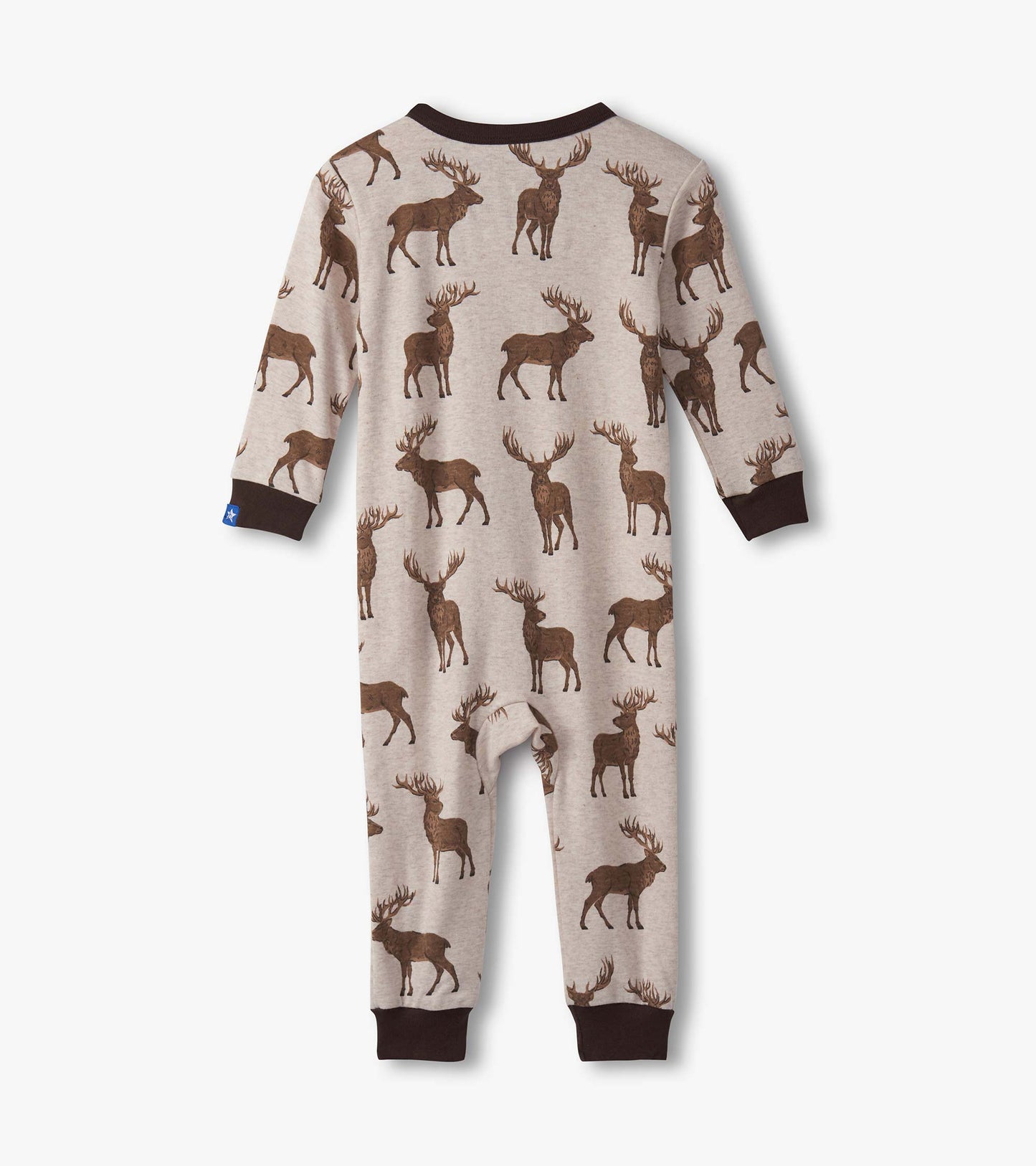 Beige cotton sleeper featuring a stag print, with brown cuffs and a round neckline, suitable for baby boys.