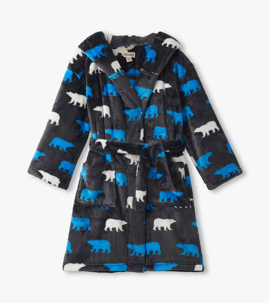 Fuzzy fleece robe featuring a polar bear silhouette pattern in blue and white on a dark gray background.