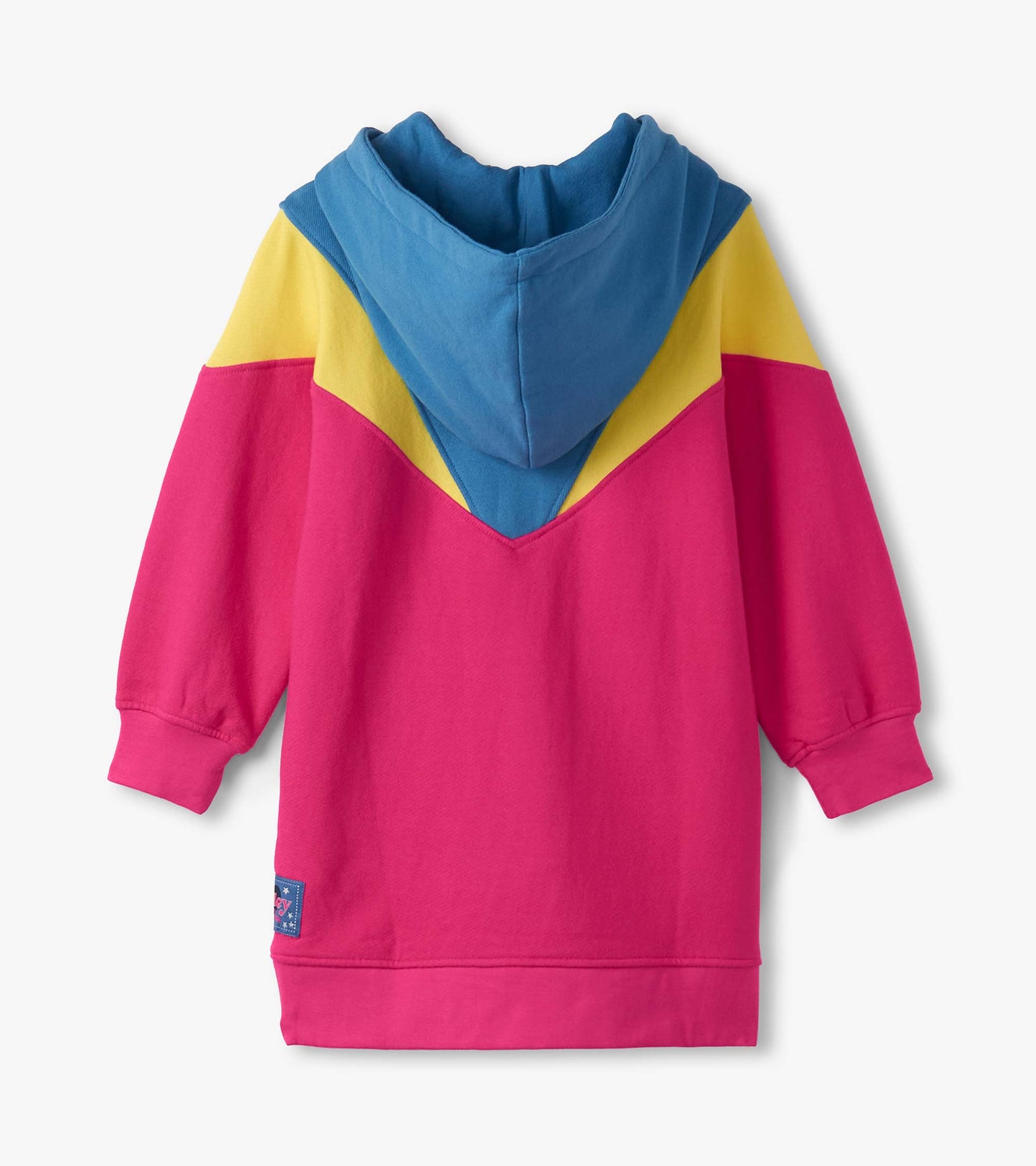 Half-zip dress featuring a retro color block design in pink, blue, and yellow with a hood and long sleeves.