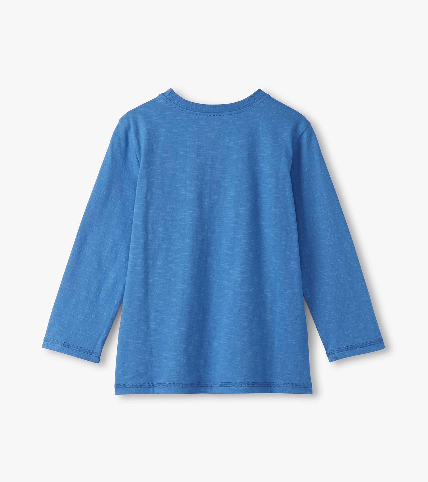 Long sleeve graphic tee in bright blue, featuring a simple design and a crew neckline, shown from the back.