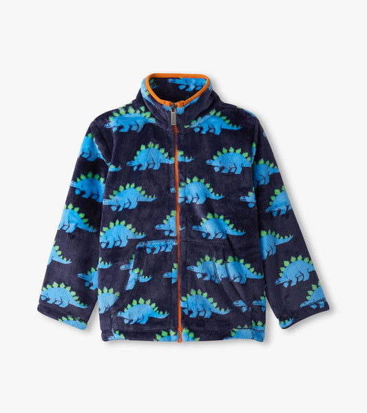 Navy fleece zip-up jacket featuring colorful stegosaurus patterns and a bright orange collar.