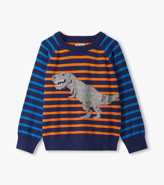Blue and orange striped raglan sweater featuring a gray dinosaur graphic on the front.