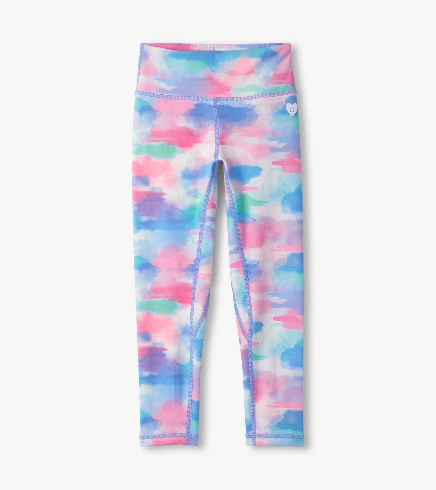 Colorful leggings featuring a watercolor pattern in pink, blue, and green, designed for active wear.