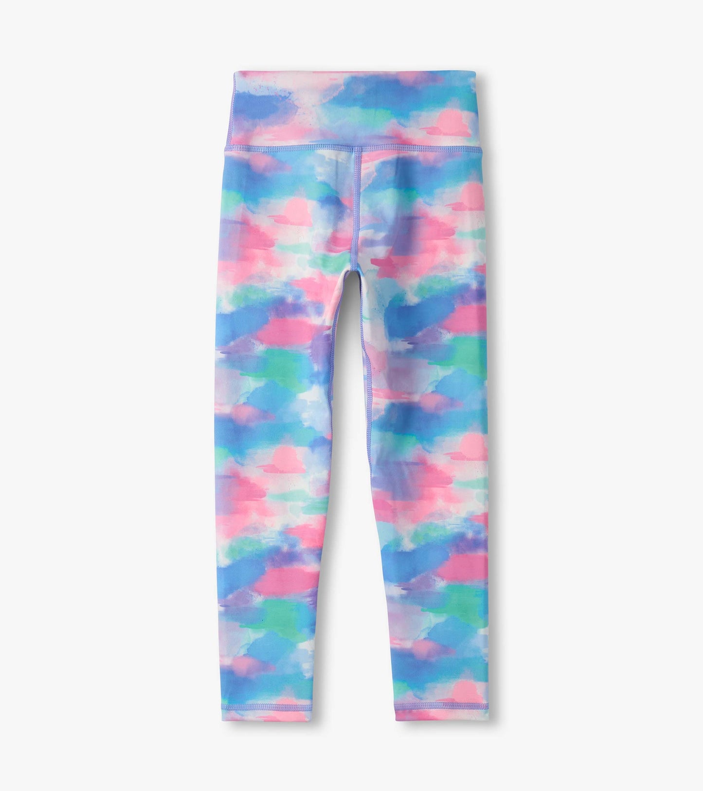 Colorful leggings featuring a watercolor pattern in pink, blue, and green, designed for active wear.