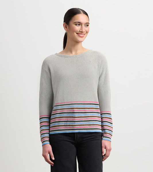 Light gray sweater with multicolored horizontal stripes at the hem and sleeves, featuring a relaxed fit and crew neckline.
