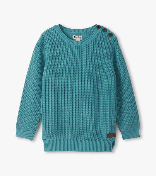 Teal knitted sweater with a button neck, featuring long sleeves and a ribbed hem. Suitable for boys.
