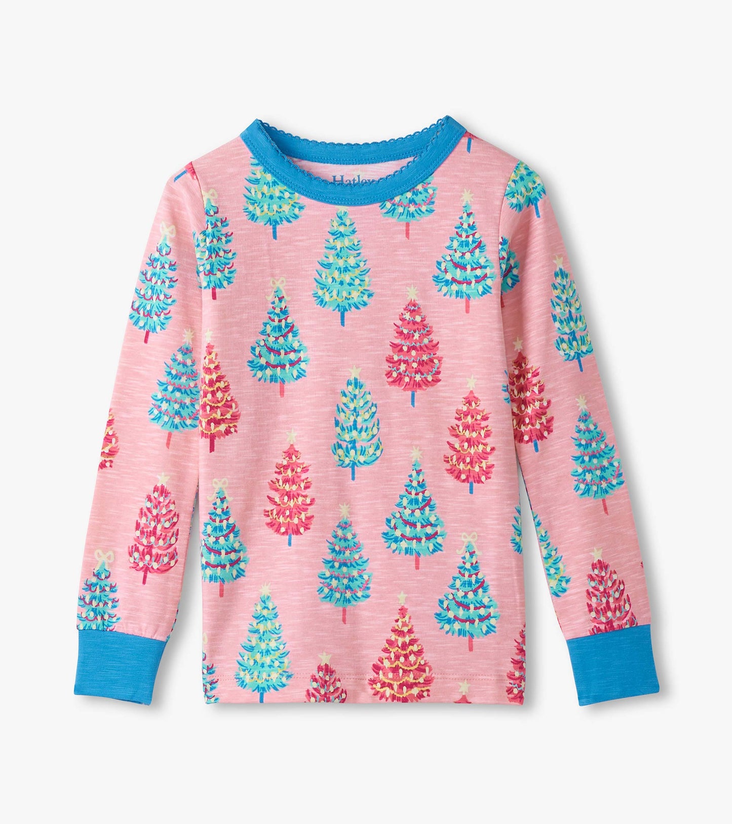 Pink long-sleeve pajama top featuring colorful bottle brush trees and blue cuffs.