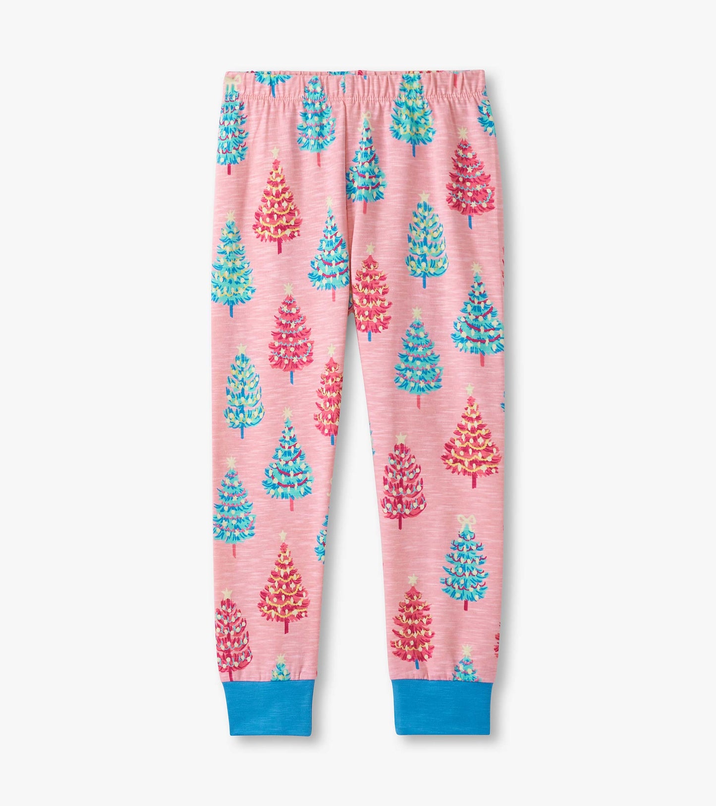 Pink pajama pants featuring colorful bottle brush tree patterns and blue cuffs. Elastic waistband for comfort.