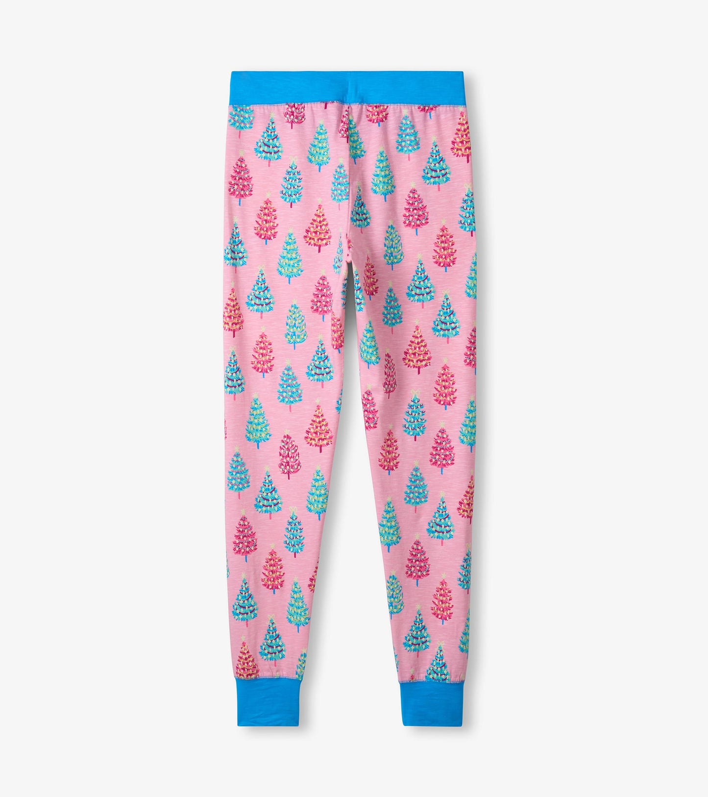 Pink cotton pajama set featuring colorful bottle brush tree patterns and a blue waistband.