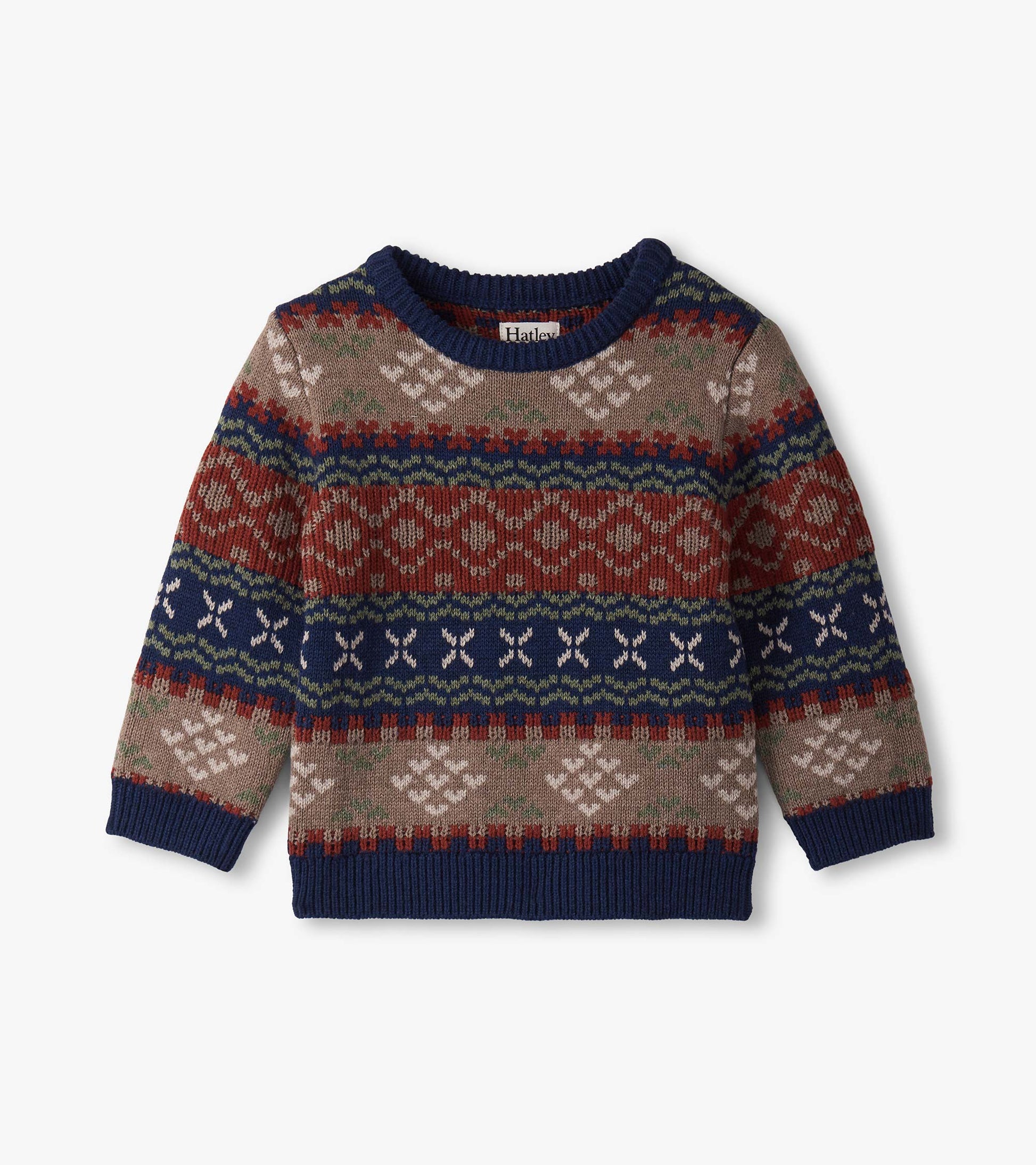 Vintage Fair Isle crew neck sweater featuring multicolored patterns in red, blue, green, and cream. Suitable for baby and to…