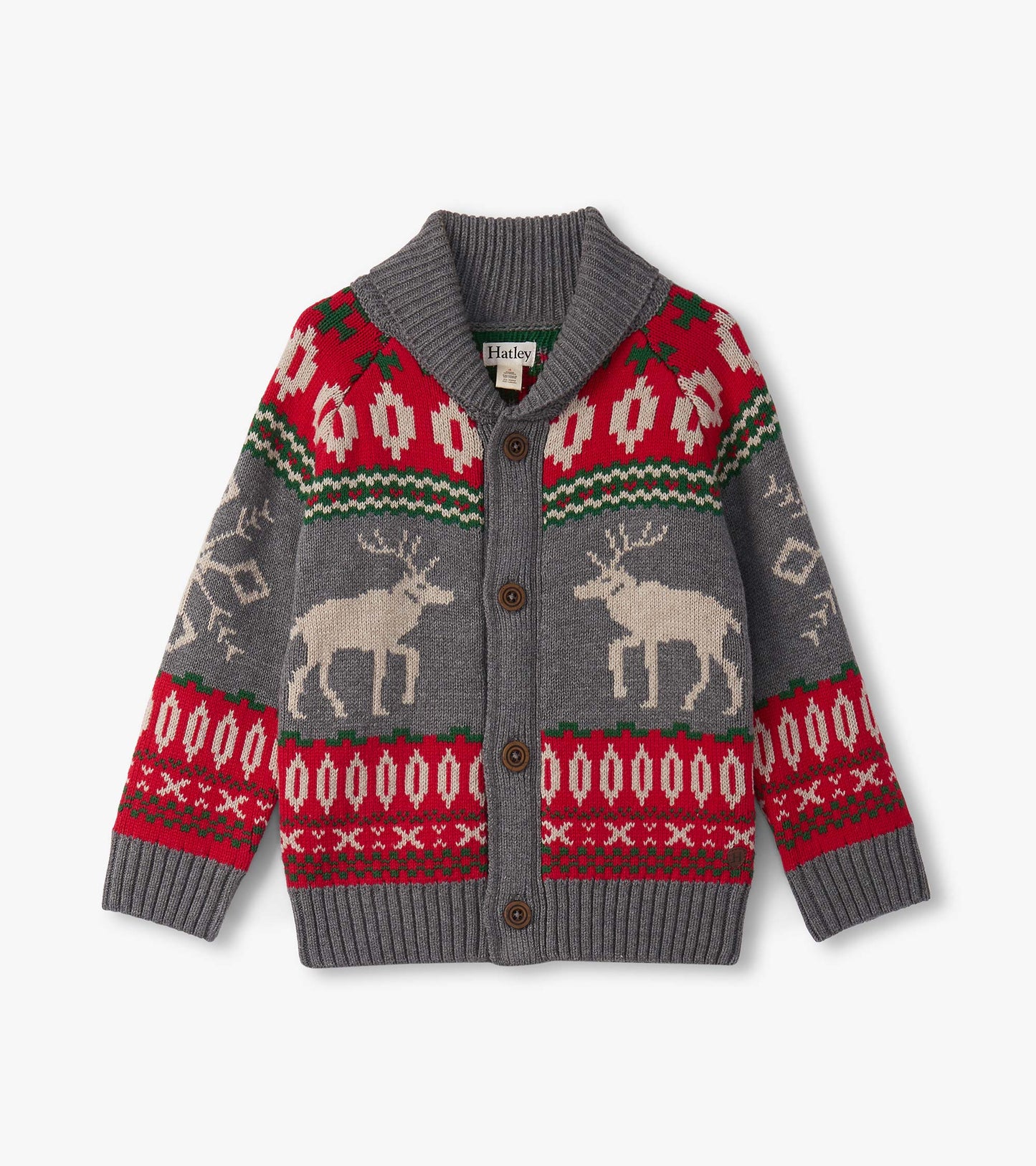 Gray cardigan with elk and snowflake patterns, featuring a shawl collar and button closure. Ideal for winter wear.