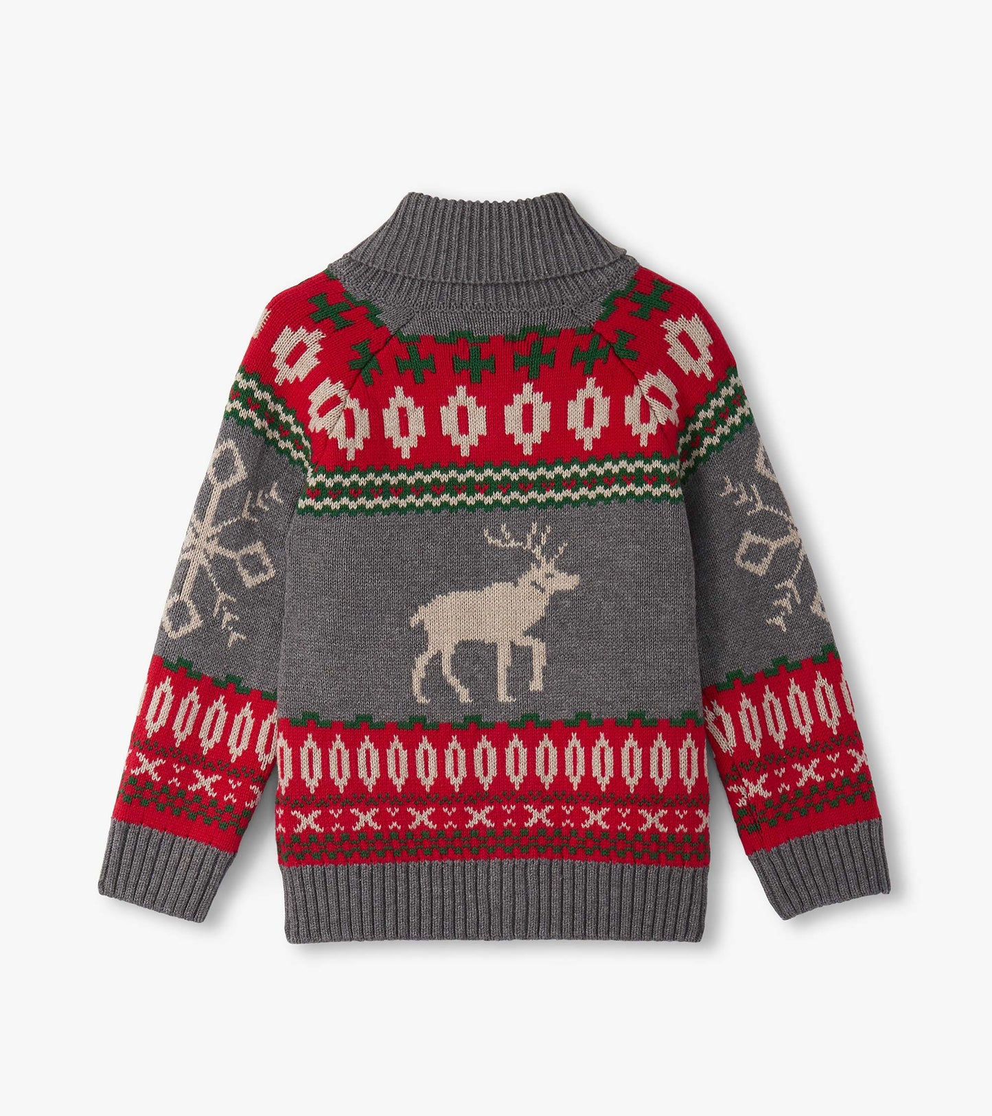 Gray cardigan with a shawl collar, featuring red and green festive patterns, including an elk and snowflakes.