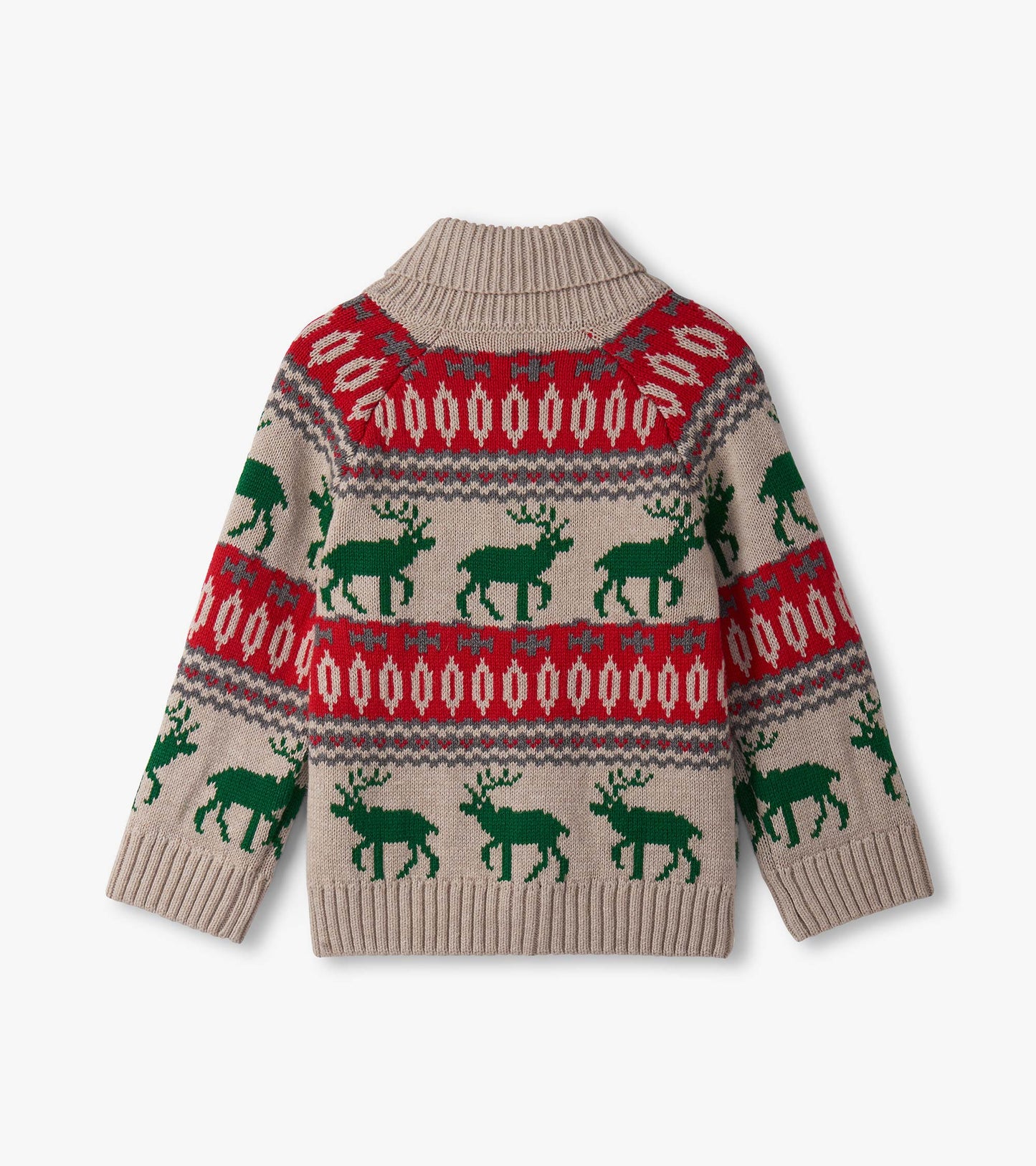 Beige cardigan with a shawl collar, featuring red and green elk patterns and geometric designs.