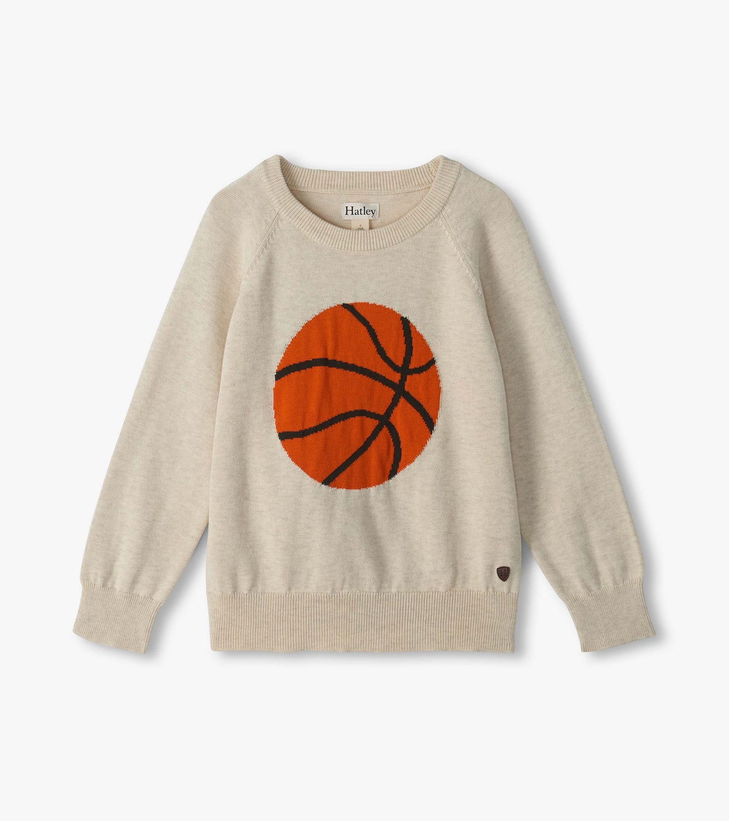Kids cream crew neck sweater with a large orange basketball graphic on the front