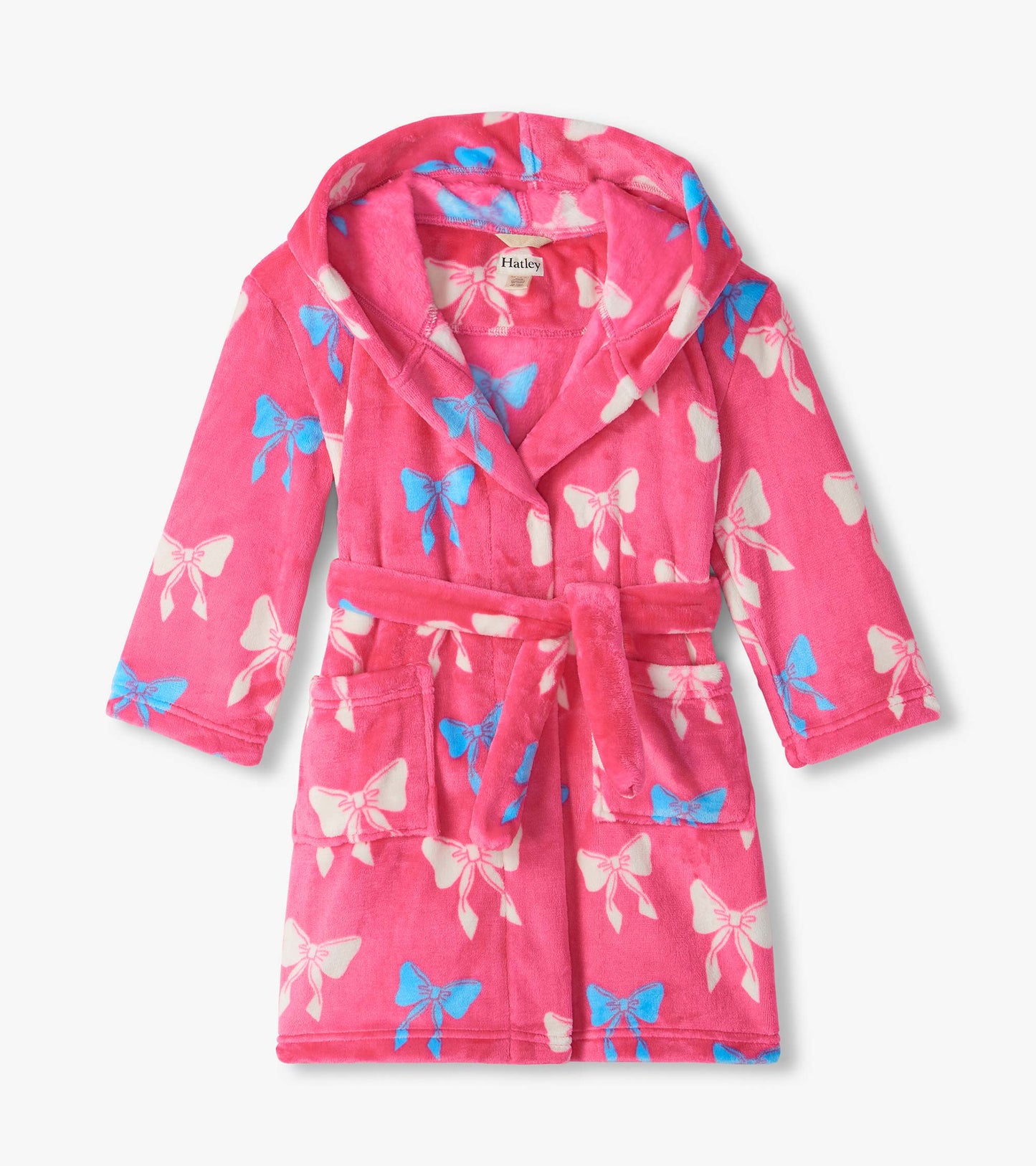 Kids pink fleece robe with blue and white bow print, shawl collar, tie belt, and front patch pockets