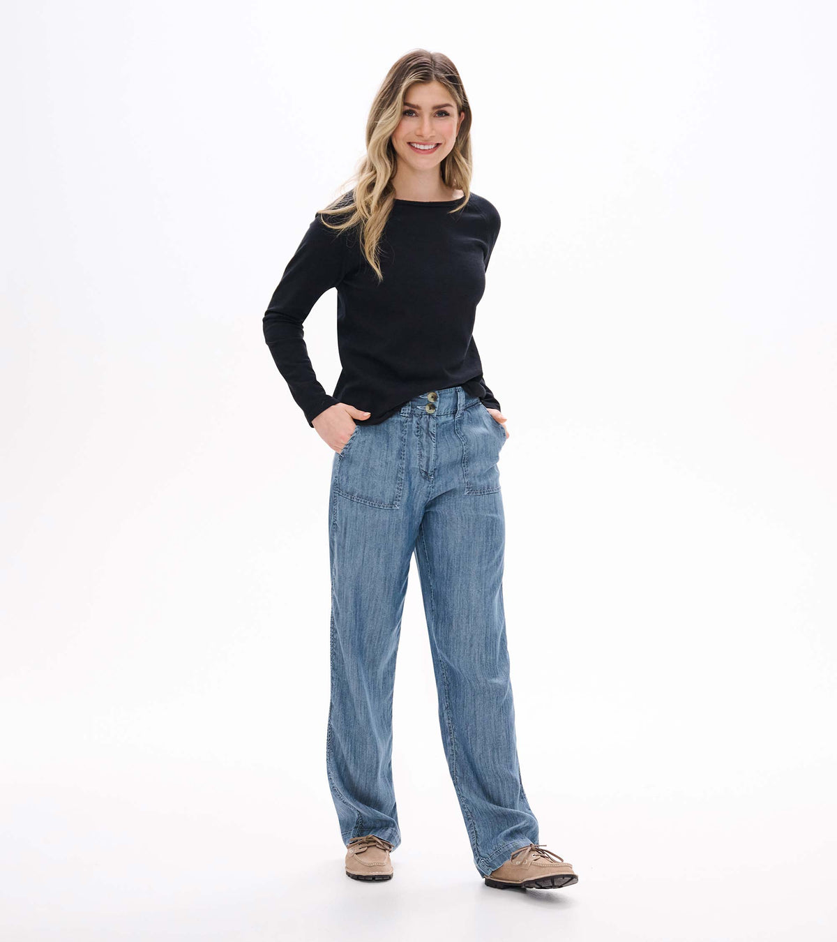 Women's black raglan sleeve tee with long sleeves and a boat neckline, shown from the front on a model