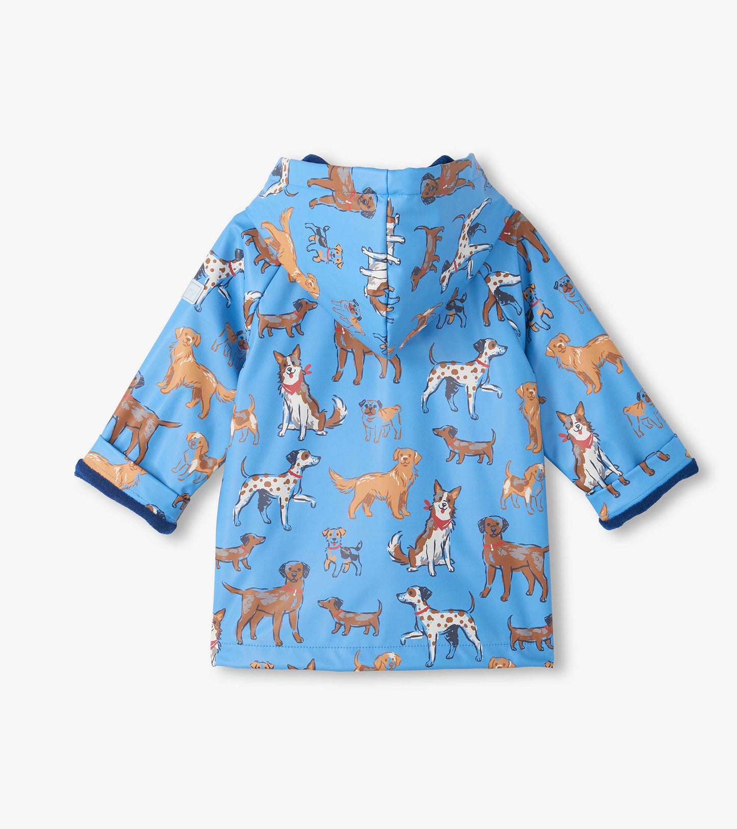 Back view of blue hooded rain coat with allover dog print and dark blue lining at the cuffs