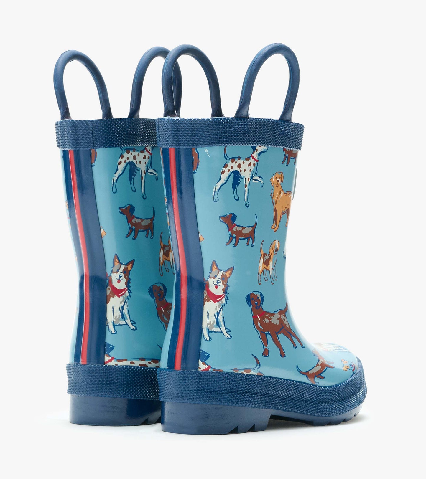 Back view of blue kids rain boots with navy handles and multicolored dog print
