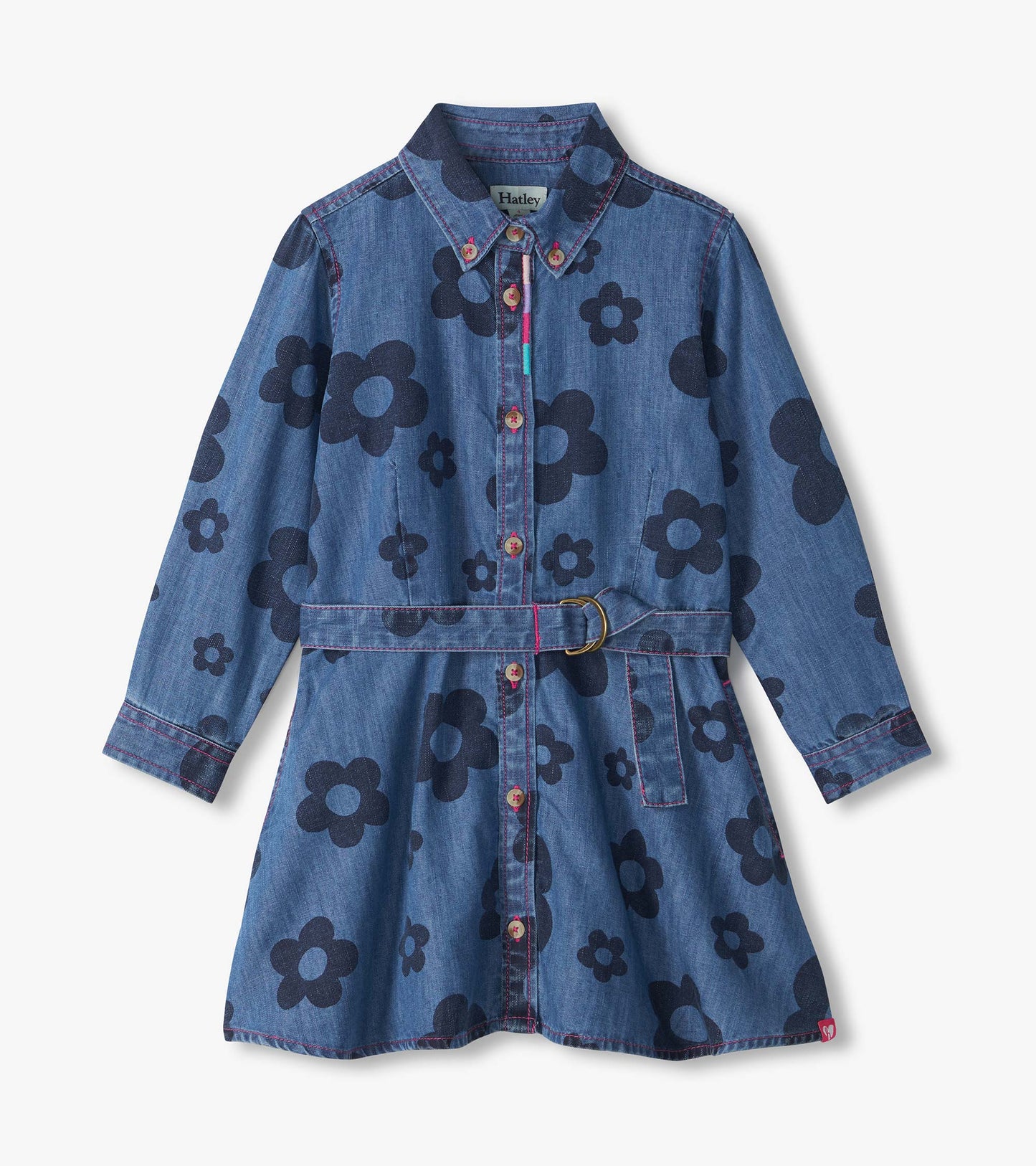 Blue long sleeve shirt dress with large dark flower print, button front, collar, and matching belt
