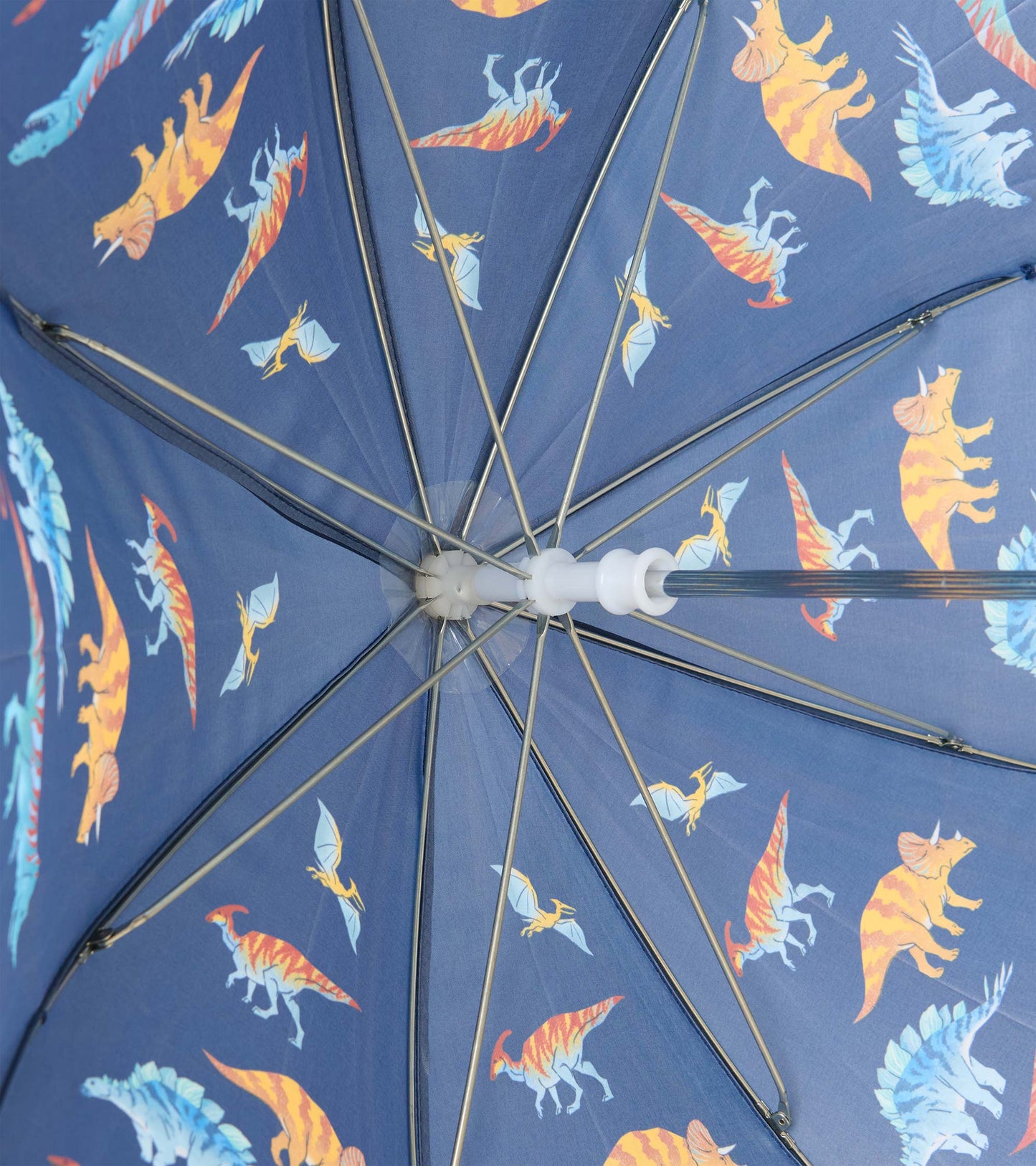 Interior view of navy dinosaur-print umbrella showing metal ribs and white runner