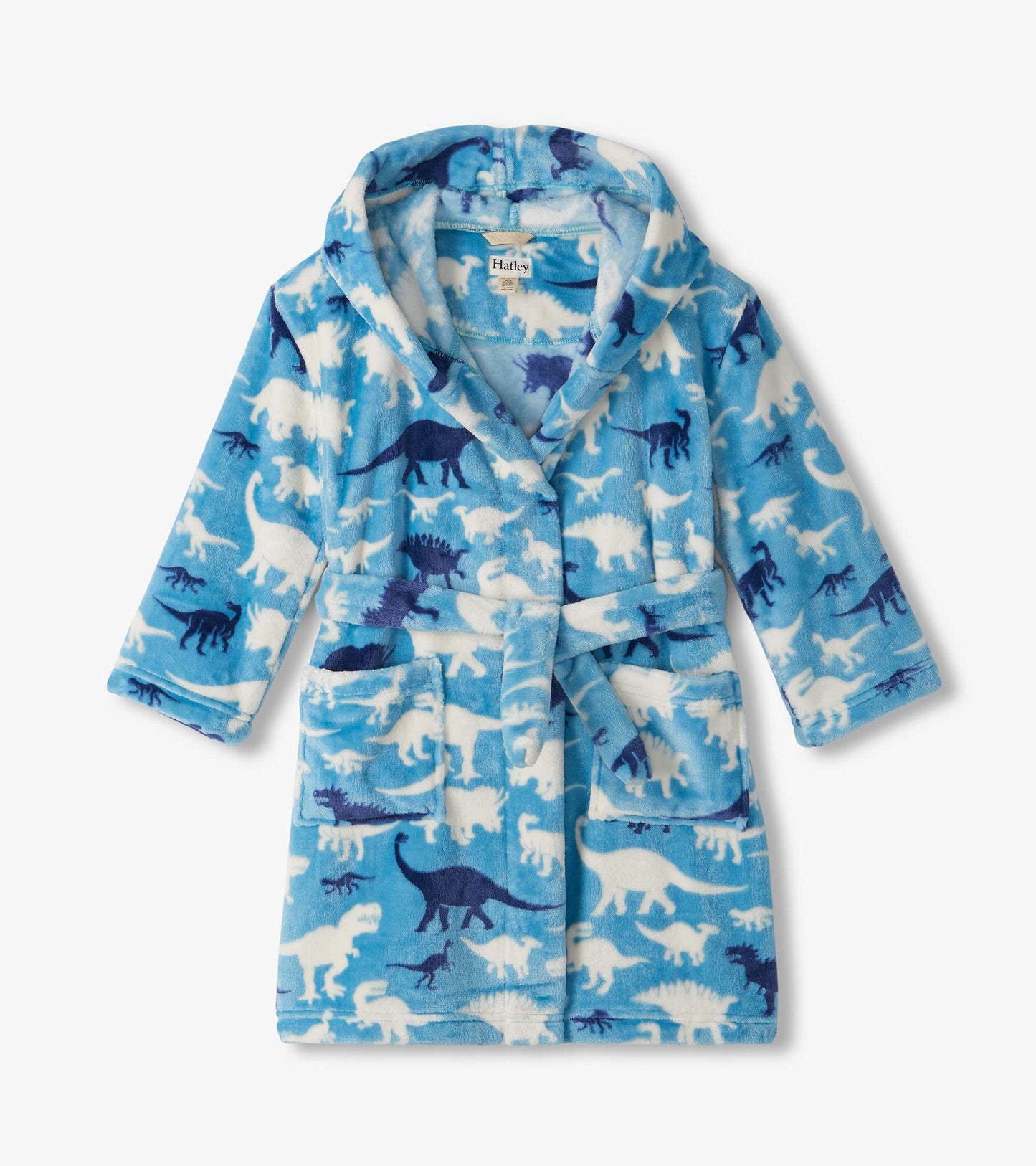 Kids blue robe with white and navy dinosaur silhouettes, shawl collar, tie belt, and front patch pockets