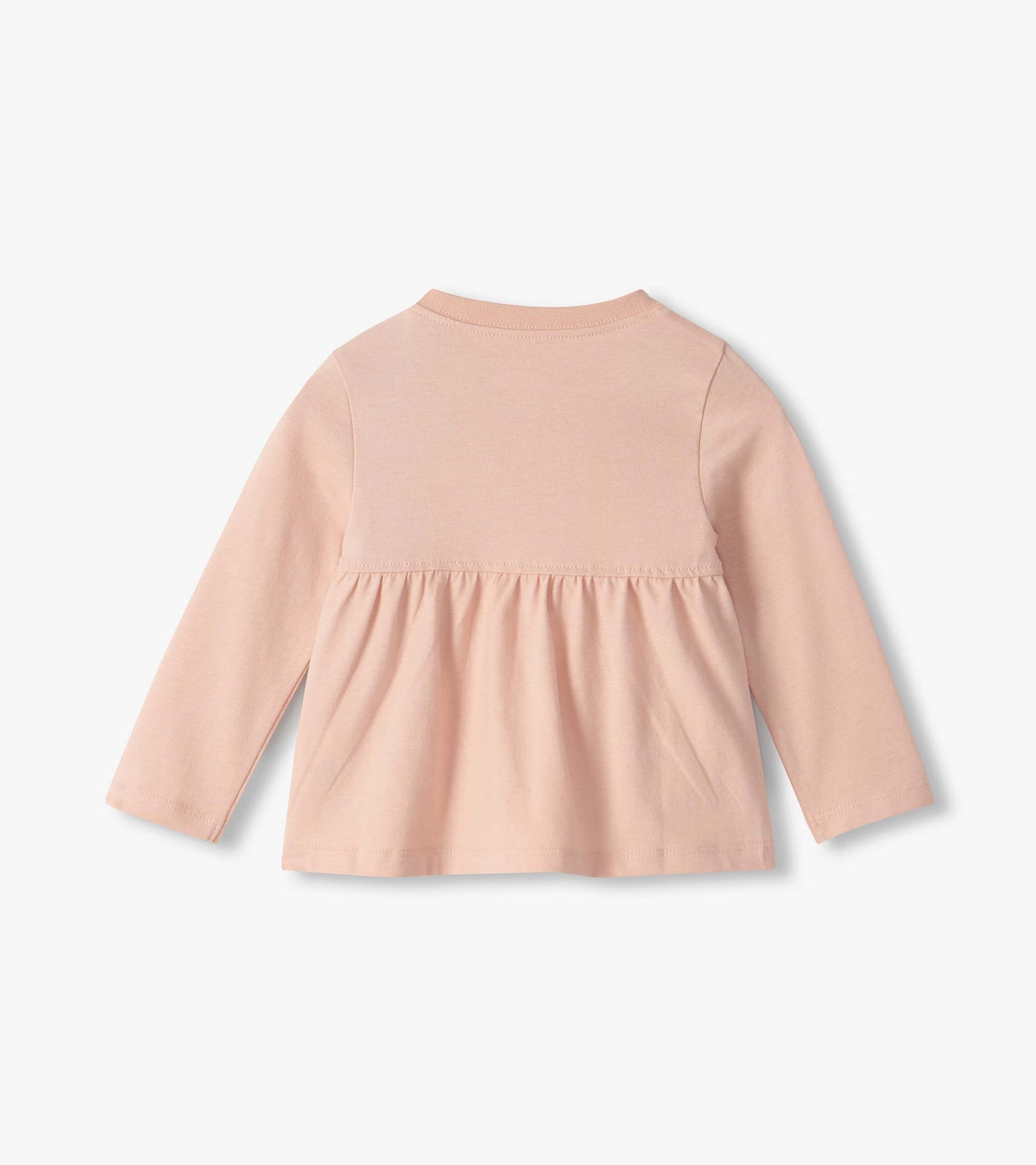 Back of infant blush pink long sleeve tee with gathered yoke detail