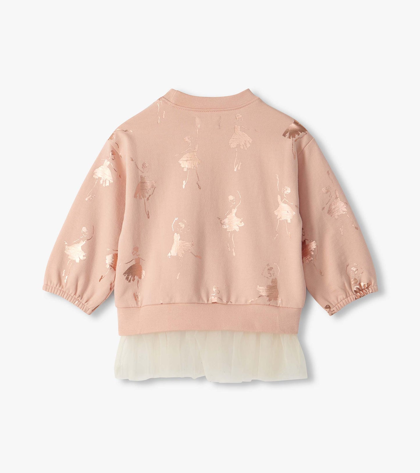 Back view of blush long sleeve top with foil ballerina print and cream tulle hem