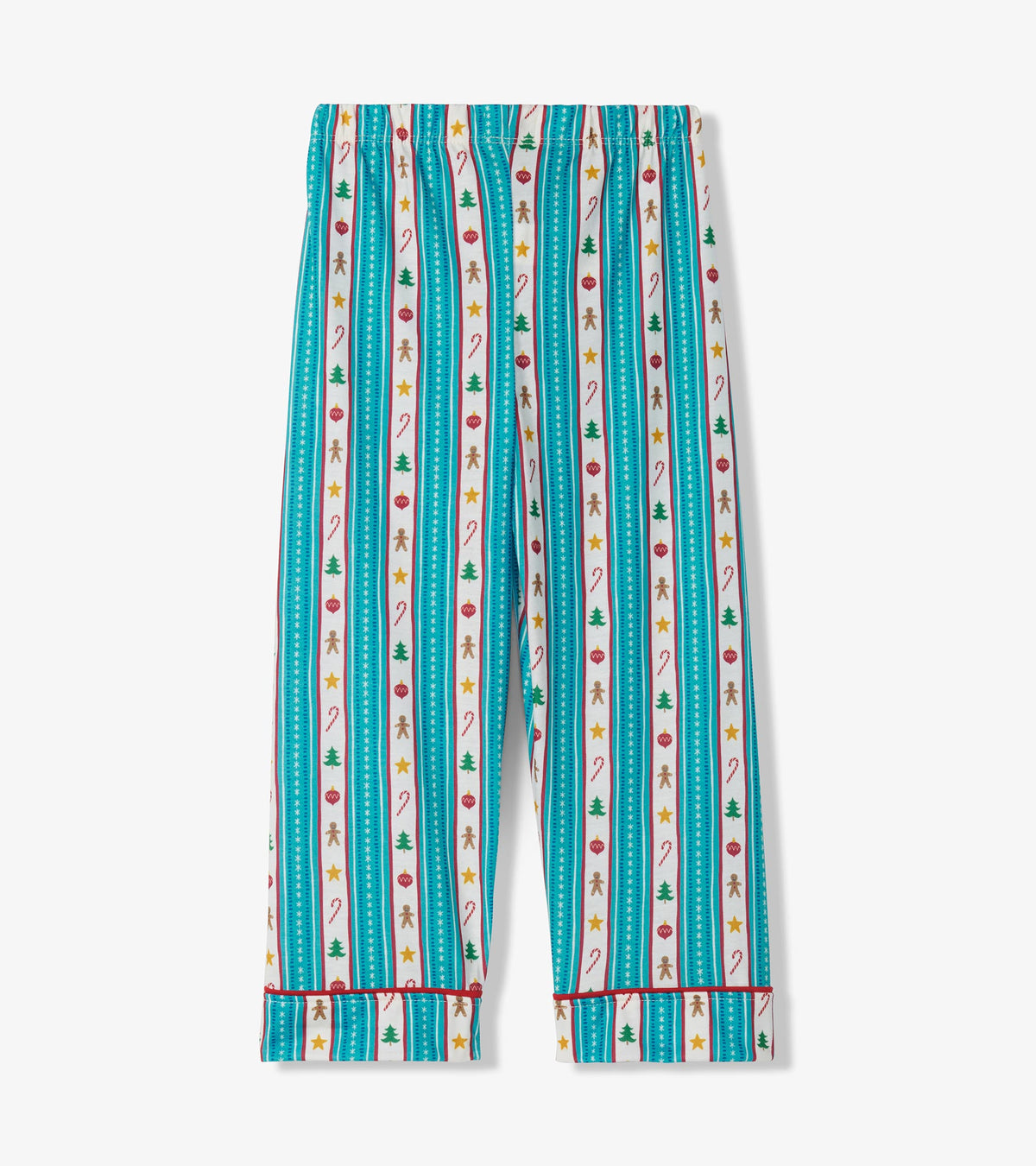 Back of kids pajama pants with teal striped holiday print and cuffed hems