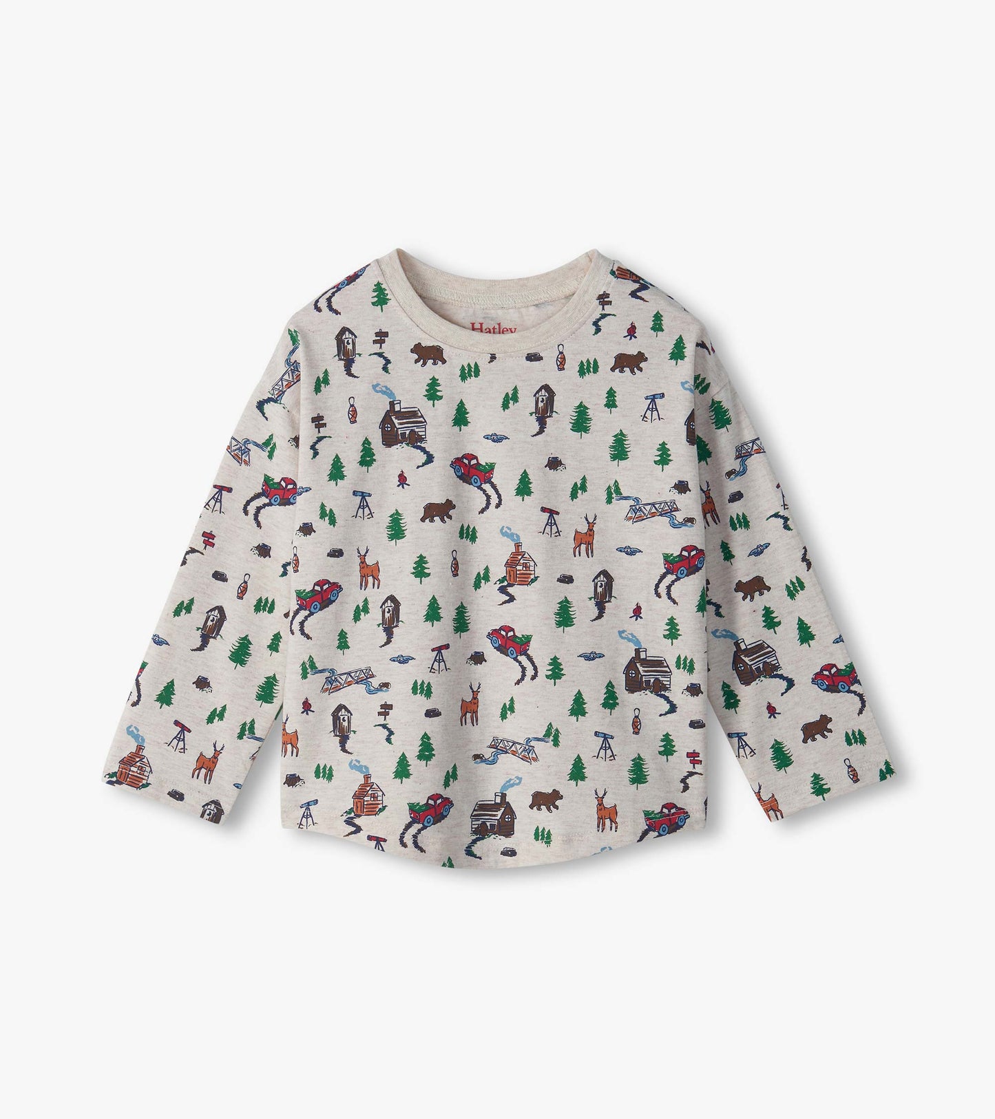 Infant long sleeve drop shoulder tee in cream with forest print of trees, cabins, deer, bears and red trucks