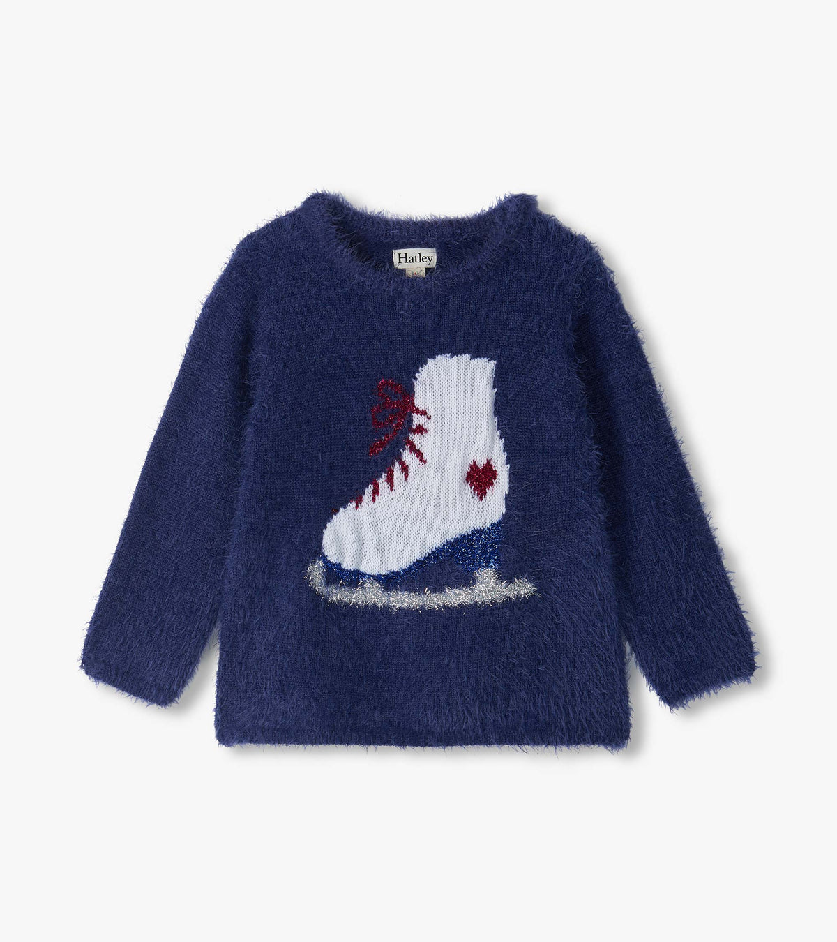 Kids navy fuzzy sweater with a large white figure skate graphic on the front