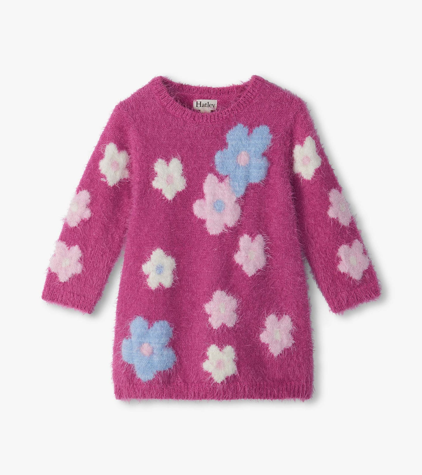 Hatley infant fuzzy pink long-sleeve dress with blue, white, and light pink flower pattern
