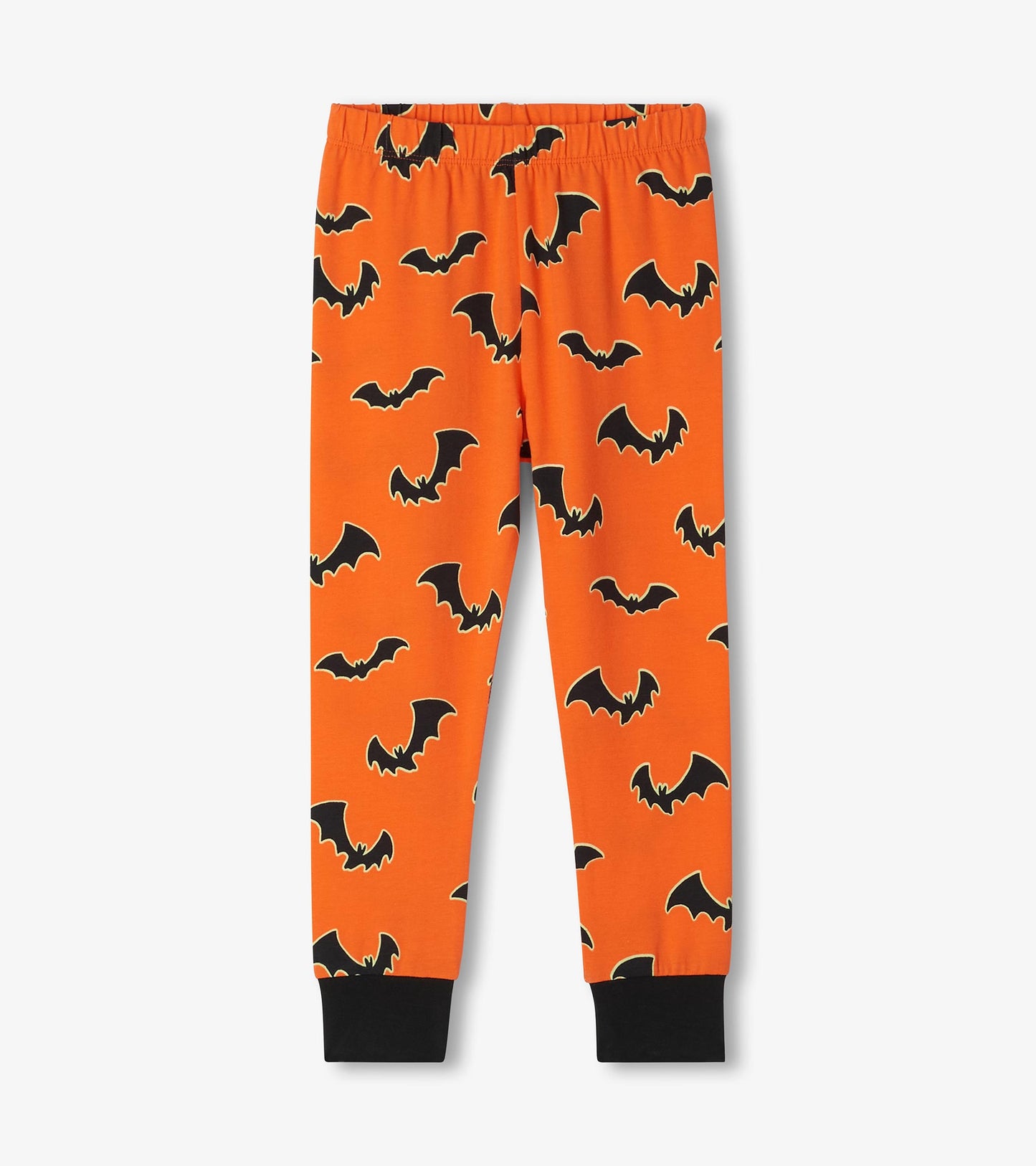 Orange pajama pants with black bat print, elastic waistband, and black ankle cuffs