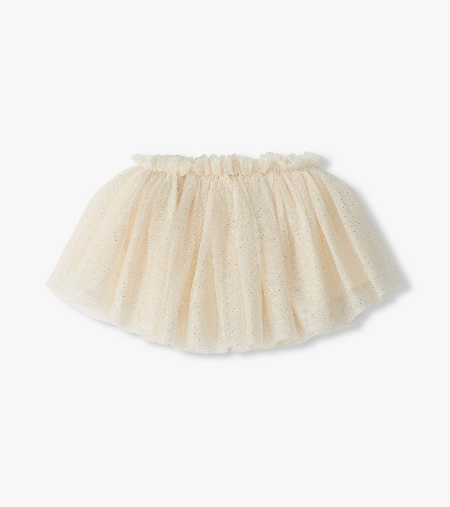 Close-up of cream puffy tutu skirt with glittery dotted tulle and ruffled elastic waistband