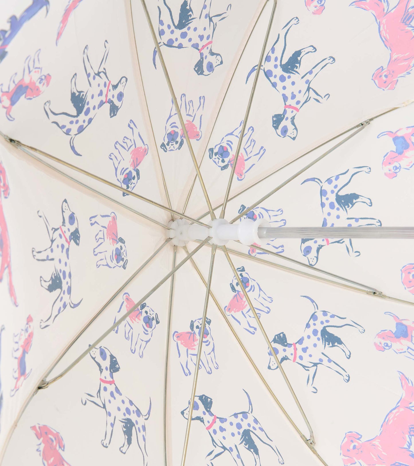 Underside detail of clear umbrella showing metal ribs and colorful dog print