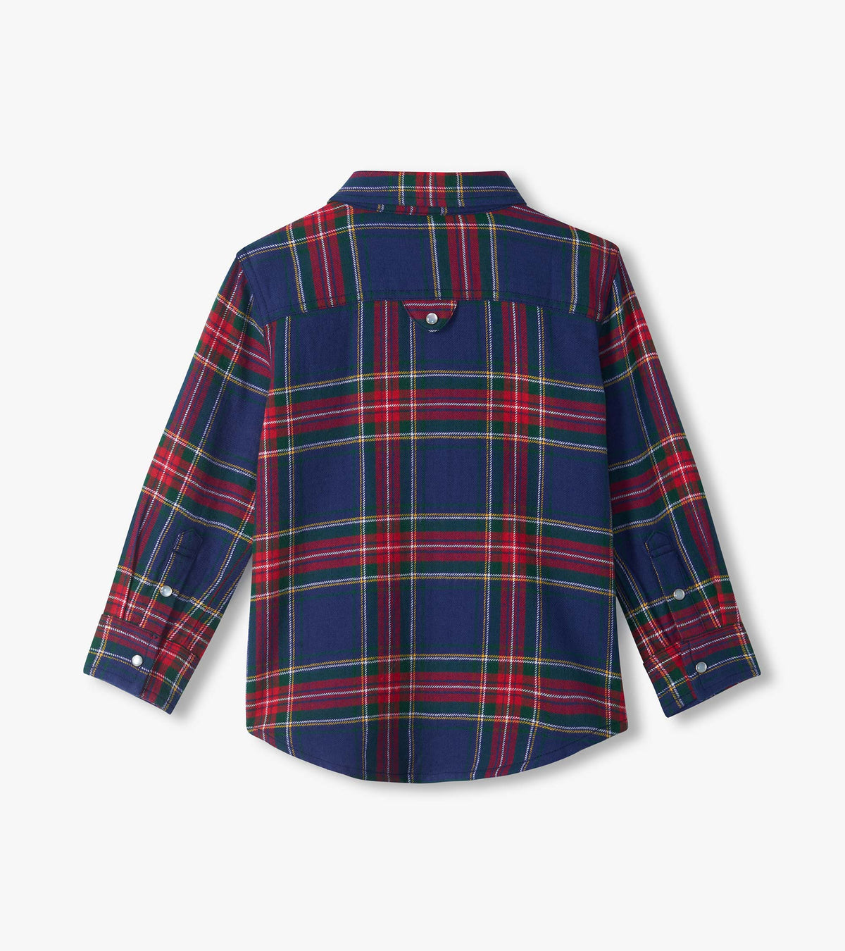 Back view of boys plaid button-down shirt in navy, red and green with back yoke and long sleeves