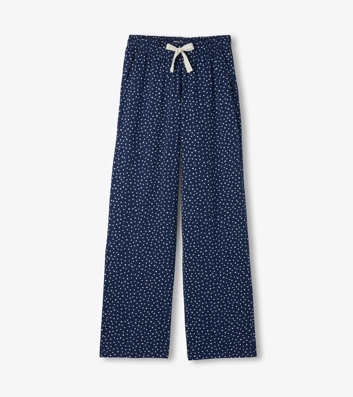Navy polka dot pajama pants with white drawstring and straight wide legs